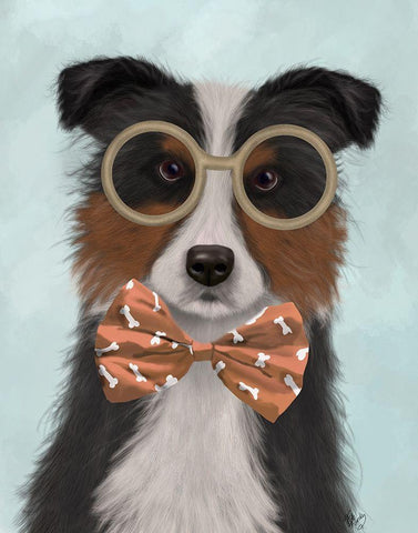 Border Collie, Tricolour, with Glasses and Bow Tie White Modern Wood Framed Art Print with Double Matting by Fab Funky