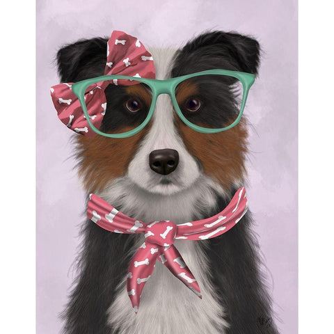 Border Collie, Tricolour, with Glasses and Scarf Black Modern Wood Framed Art Print with Double Matting by Fab Funky