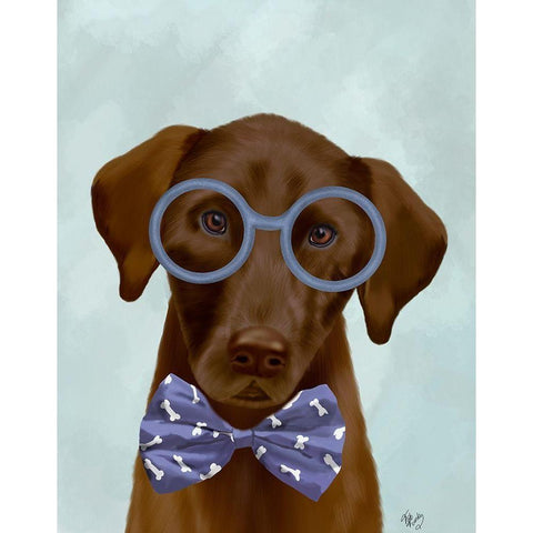 Chocolate Labrador with Glasses and Bow Tie Black Modern Wood Framed Art Print with Double Matting by Fab Funky