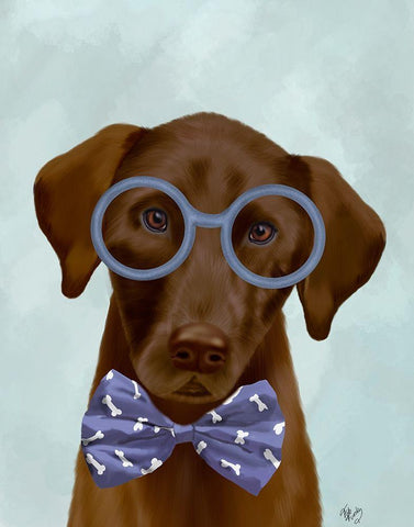 Chocolate Labrador with Glasses and Bow Tie White Modern Wood Framed Art Print with Double Matting by Fab Funky