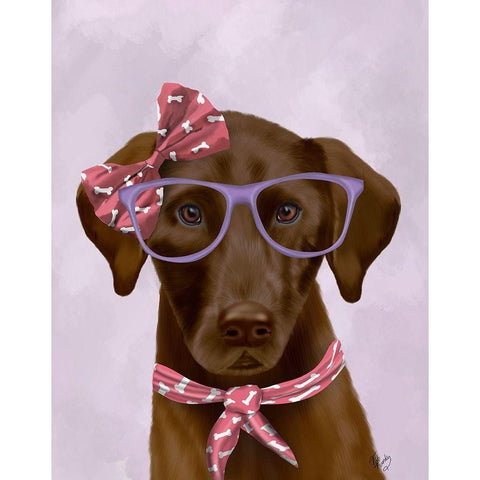 Chocolate Labrador with Glasses and Scarf Gold Ornate Wood Framed Art Print with Double Matting by Fab Funky