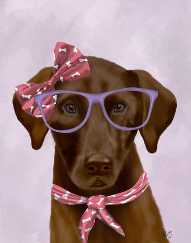 Chocolate Labrador with Glasses and Scarf Black Ornate Wood Framed Art Print with Double Matting by Fab Funky