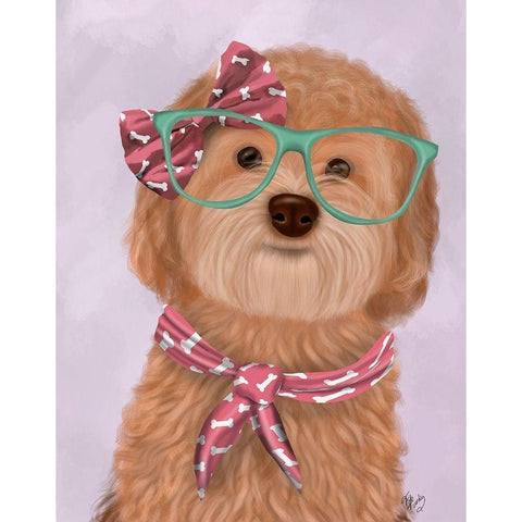 Cockerpoo, Apricot, with Glasses and Scarf Gold Ornate Wood Framed Art Print with Double Matting by Fab Funky