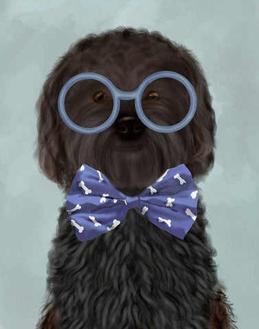 Cockerpoo, Black, with Glasses and Bow Tie Black Ornate Wood Framed Art Print with Double Matting by Fab Funky