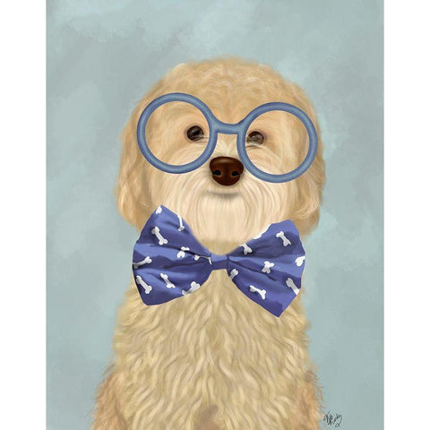 Cockerpoo, Blonde, with Glasses and Bow Tie White Modern Wood Framed Art Print by Fab Funky