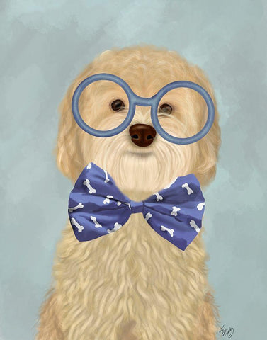 Cockerpoo, Blonde, with Glasses and Bow Tie Black Ornate Wood Framed Art Print with Double Matting by Fab Funky