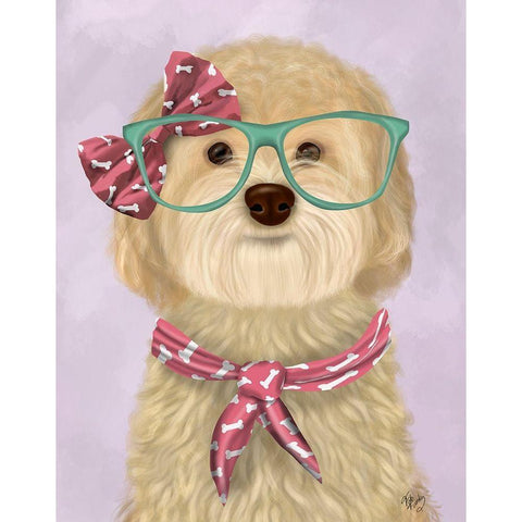 Cockerpoo, Blonde, with Glasses and Scarf Black Modern Wood Framed Art Print with Double Matting by Fab Funky