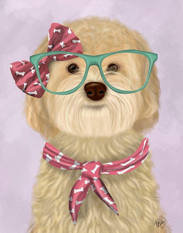 Cockerpoo, Blonde, with Glasses and Scarf White Modern Wood Framed Art Print with Double Matting by Fab Funky