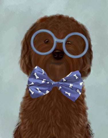 Cockerpoo, Chocolate, with Glasses and Bow Tie White Modern Wood Framed Art Print with Double Matting by Fab Funky