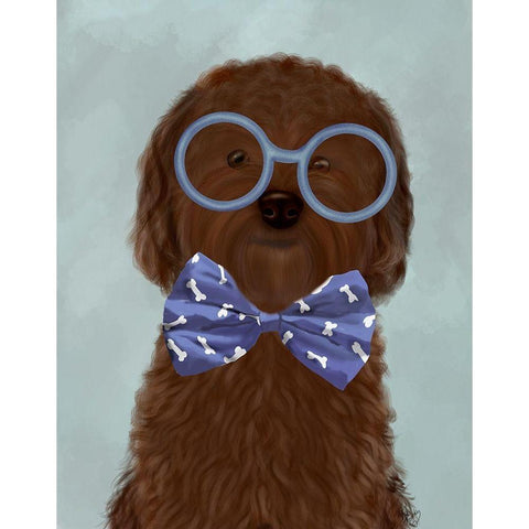 Cockerpoo, Chocolate, with Glasses and Bow Tie Gold Ornate Wood Framed Art Print with Double Matting by Fab Funky