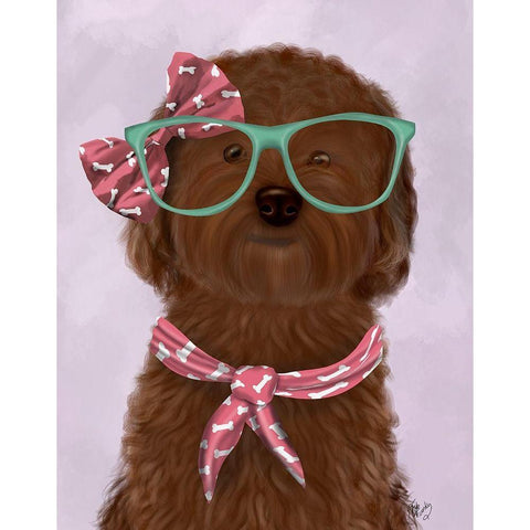 Cockerpoo, Chocolate, with Glasses and Scarf Gold Ornate Wood Framed Art Print with Double Matting by Fab Funky