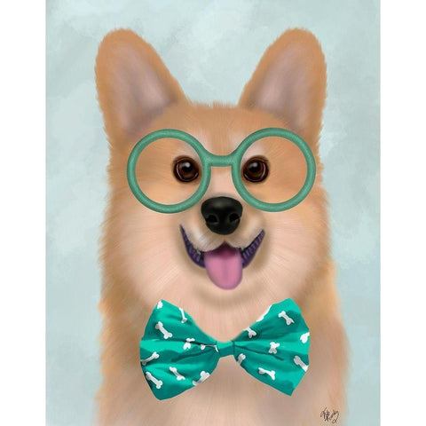 Corgi with Glasses and Bow Tie Black Modern Wood Framed Art Print with Double Matting by Fab Funky