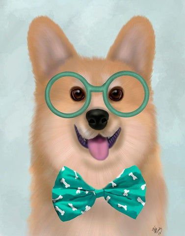 Corgi with Glasses and Bow Tie Black Ornate Wood Framed Art Print with Double Matting by Fab Funky