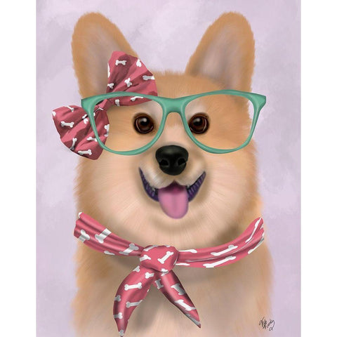 Corgi with Glasses and Scarf White Modern Wood Framed Art Print by Fab Funky