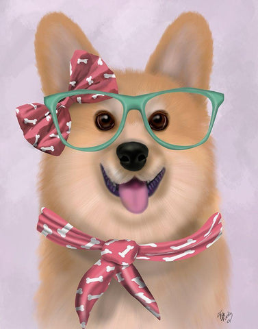 Corgi with Glasses and Scarf Black Ornate Wood Framed Art Print with Double Matting by Fab Funky