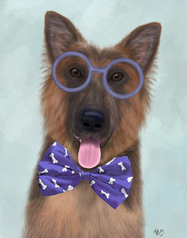 German Shepherd with Glasses and Bow Tie White Modern Wood Framed Art Print with Double Matting by Fab Funky