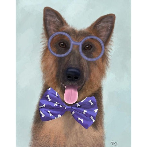 German Shepherd with Glasses and Bow Tie White Modern Wood Framed Art Print by Fab Funky