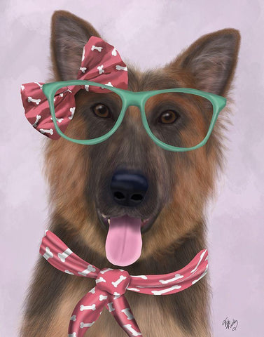 German Shepherd with Glasses and Scarf Black Ornate Wood Framed Art Print with Double Matting by Fab Funky