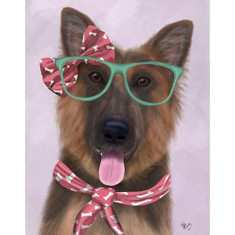 German Shepherd with Glasses and Scarf Black Modern Wood Framed Art Print with Double Matting by Fab Funky