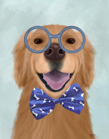 Golden Retriever, Glasses and Bow Tie White Modern Wood Framed Art Print with Double Matting by Fab Funky