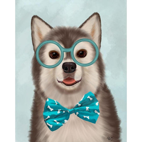 Husky with Glasses and Bow Tie White Modern Wood Framed Art Print by Fab Funky