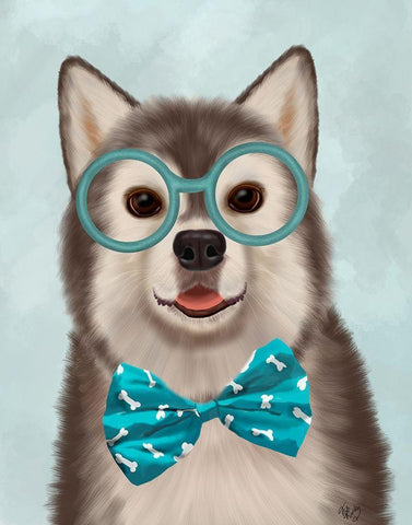 Husky with Glasses and Bow Tie White Modern Wood Framed Art Print with Double Matting by Fab Funky