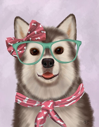 Husky with Glasses and Scarf Black Ornate Wood Framed Art Print with Double Matting by Fab Funky