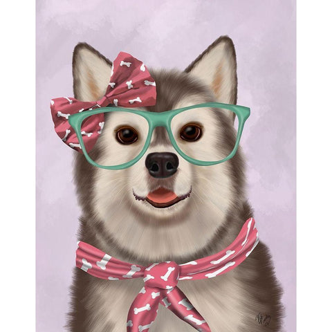 Husky with Glasses and Scarf White Modern Wood Framed Art Print by Fab Funky