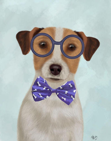 Jack Russell with Glasses and Bow Tie White Modern Wood Framed Art Print with Double Matting by Fab Funky