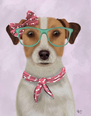 Jack Russell with Glasses and Scarf White Modern Wood Framed Art Print with Double Matting by Fab Funky