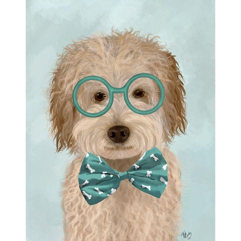 Labradoodle, Cream, with Glasses and Bow Tie White Modern Wood Framed Art Print by Fab Funky