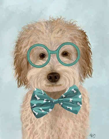 Labradoodle, Cream, with Glasses and Bow Tie White Modern Wood Framed Art Print with Double Matting by Fab Funky