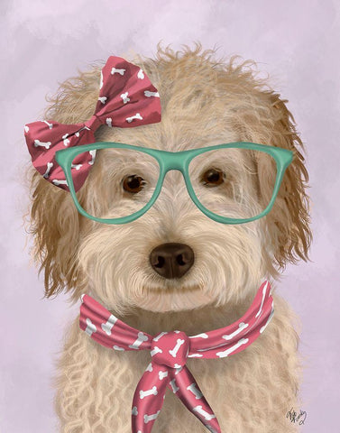 Labradoodle, Cream, with Glasses and Scarf White Modern Wood Framed Art Print with Double Matting by Fab Funky