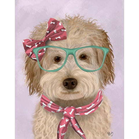 Labradoodle, Cream, with Glasses and Scarf Gold Ornate Wood Framed Art Print with Double Matting by Fab Funky