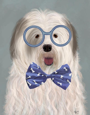 Old English Sheepdog with Glasses and Bow Tie Black Ornate Wood Framed Art Print with Double Matting by Fab Funky