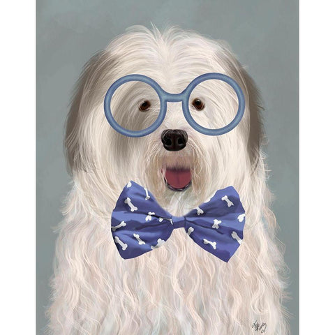 Old English Sheepdog with Glasses and Bow Tie White Modern Wood Framed Art Print by Fab Funky