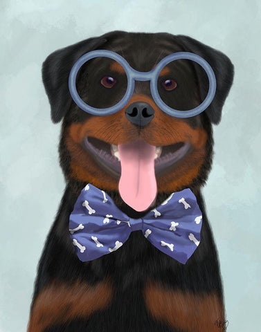 Rottweiler with Glasses and Bow Tie White Modern Wood Framed Art Print with Double Matting by Fab Funky