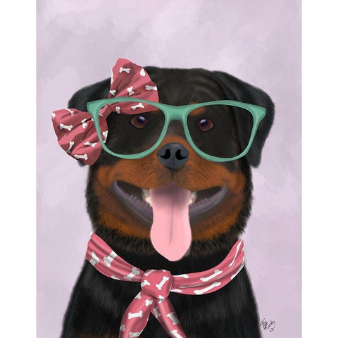 Rottweiler with Glasses and Scarf Gold Ornate Wood Framed Art Print with Double Matting by Fab Funky