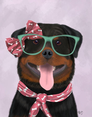 Rottweiler with Glasses and Scarf Black Ornate Wood Framed Art Print with Double Matting by Fab Funky