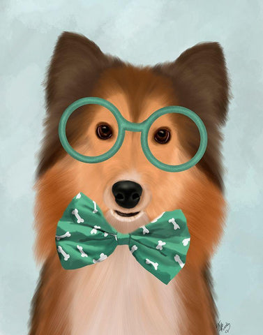 Shetland Sheepdog with Glasses and Bow Tie Black Ornate Wood Framed Art Print with Double Matting by Fab Funky