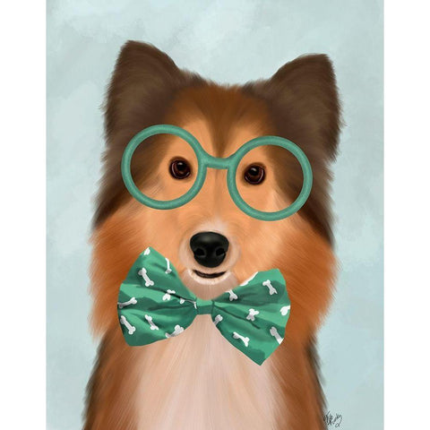 Shetland Sheepdog with Glasses and Bow Tie Gold Ornate Wood Framed Art Print with Double Matting by Fab Funky