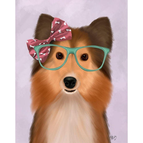 Shetland Sheepdog with Pink Bow Gold Ornate Wood Framed Art Print with Double Matting by Fab Funky