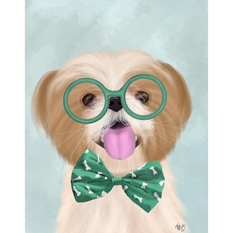 Shih Tsu with Glasses and Bow Tie Gold Ornate Wood Framed Art Print with Double Matting by Fab Funky