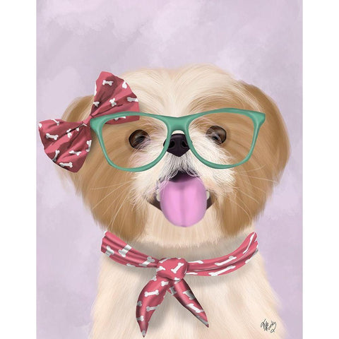 Shih Tsu with Glasses and Scarf Gold Ornate Wood Framed Art Print with Double Matting by Fab Funky