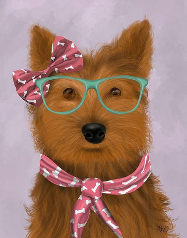 Yorkshire Terrier with Glasses and Scarf White Modern Wood Framed Art Print with Double Matting by Fab Funky