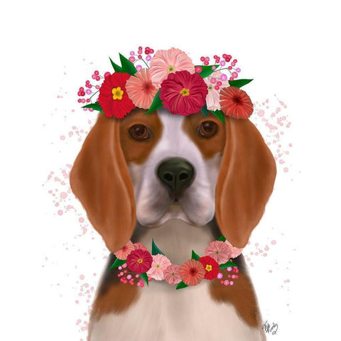 Beagle Flower Headdress Gold Ornate Wood Framed Art Print with Double Matting by Fab Funky