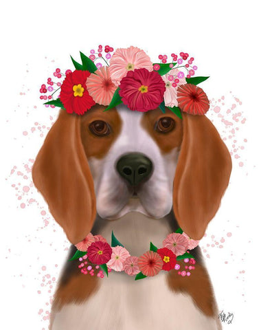 Beagle Flower Headdress Black Ornate Wood Framed Art Print with Double Matting by Fab Funky