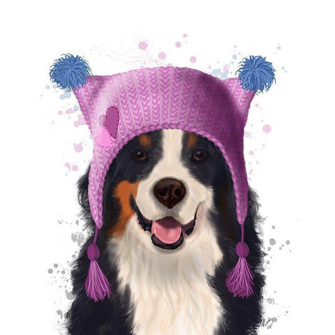 Bernese And Bobble Hat White Modern Wood Framed Art Print by Fab Funky