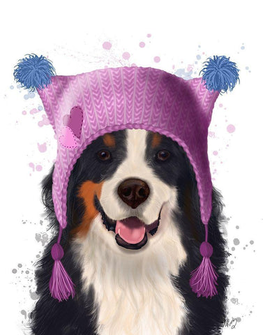 Bernese And Bobble Hat Black Ornate Wood Framed Art Print with Double Matting by Fab Funky