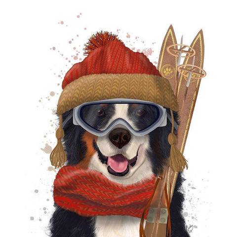 Bernese Ski Dog White Modern Wood Framed Art Print by Fab Funky